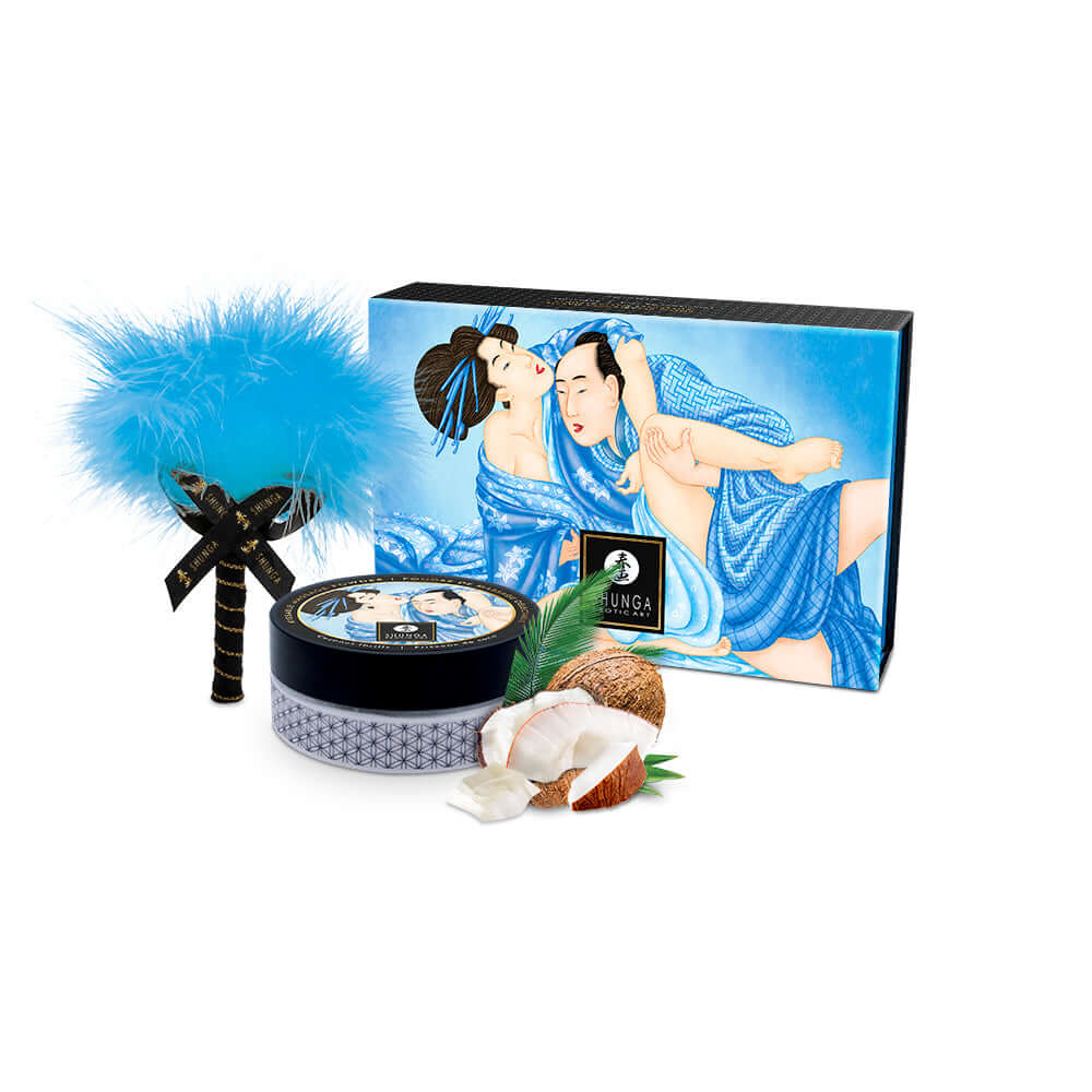 Shunga Coconut Body Massage Powder 2.65 Oz with feather tickler and tropical elements in colorful packaging.