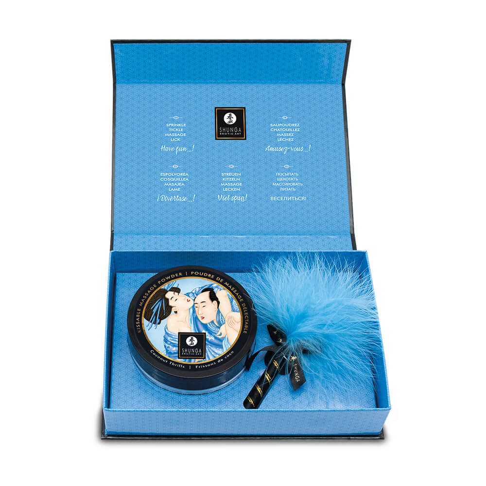 Shunga Coconut Body Massage Powder 2.65 Oz in a beautifully designed packaging with feather tickler.