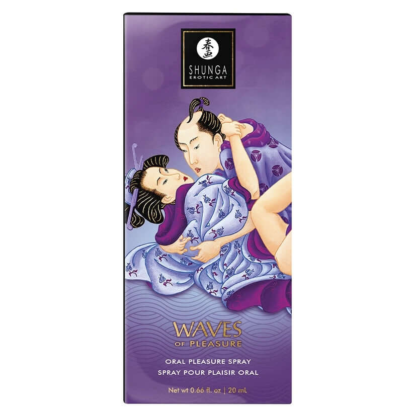Shunga Waves Of Pleasure Oral Pleasure Spray Exotic Fruits packaging showcasing vibrant artwork and product details.