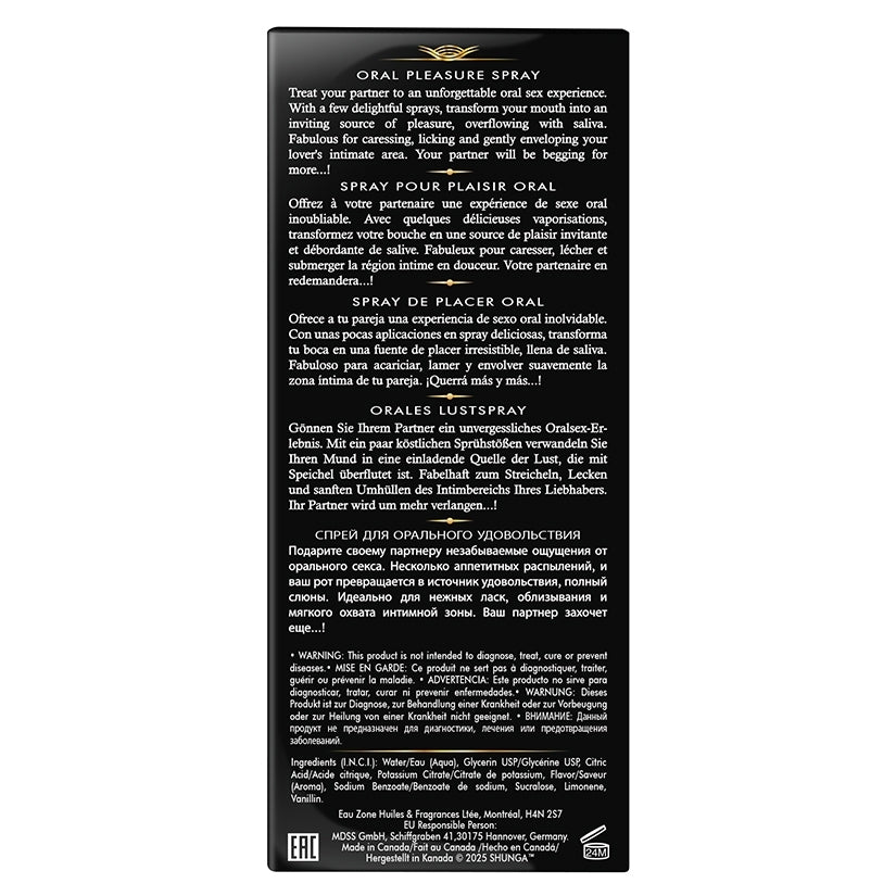 Shunga Waves Of Pleasure Oral Pleasure Spray Exotic Fruits packaging with usage instructions and ingredients.