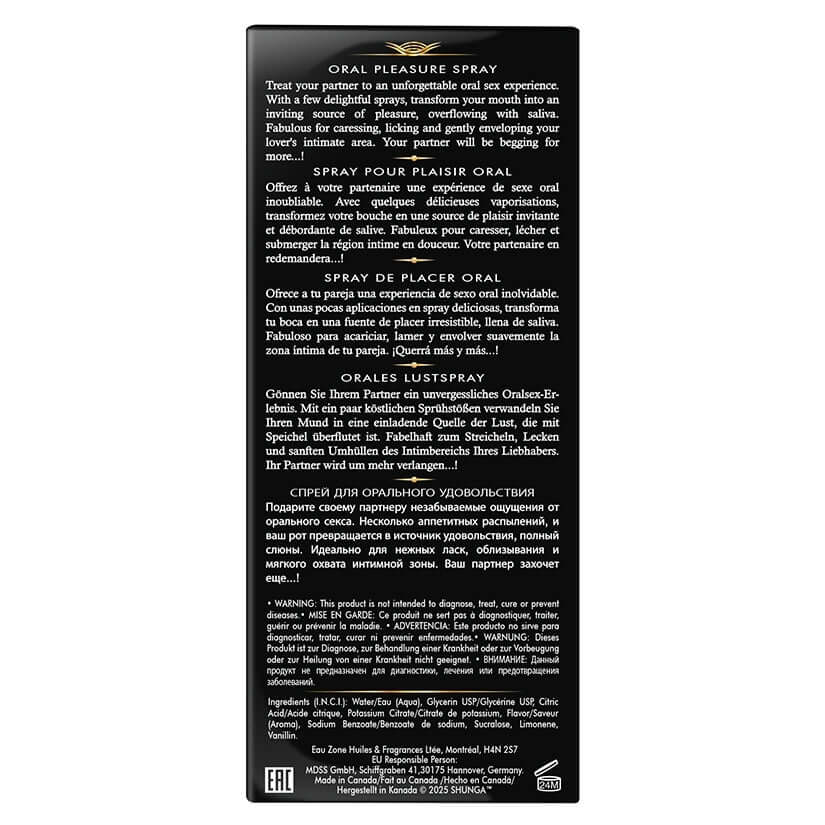 Shunga Waves Of Pleasure Oral Pleasure Spray Exotic Fruits packaging with usage instructions and ingredients.