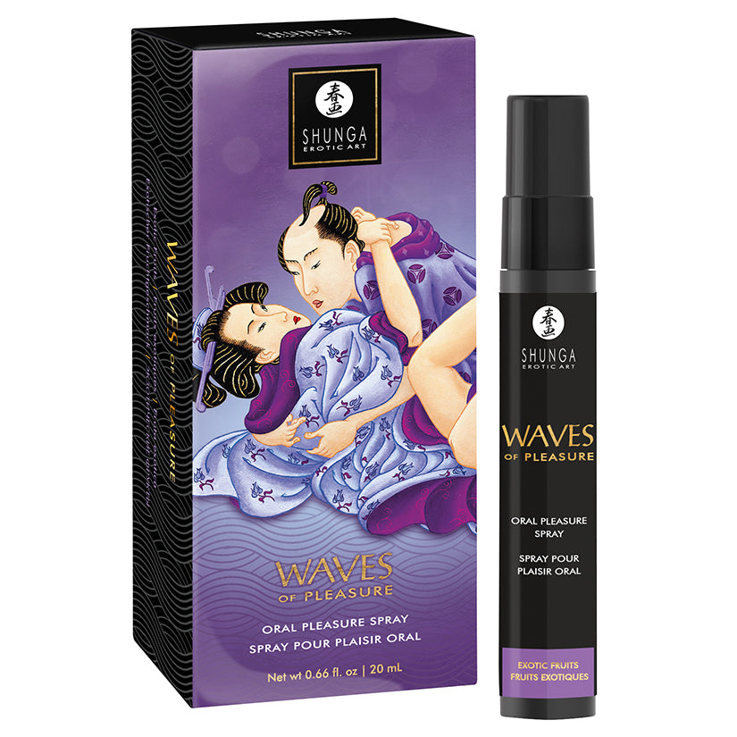 Shunga Waves Of Pleasure Oral Pleasure Spray Exotic Fruits in a stylish package with a spray bottle.