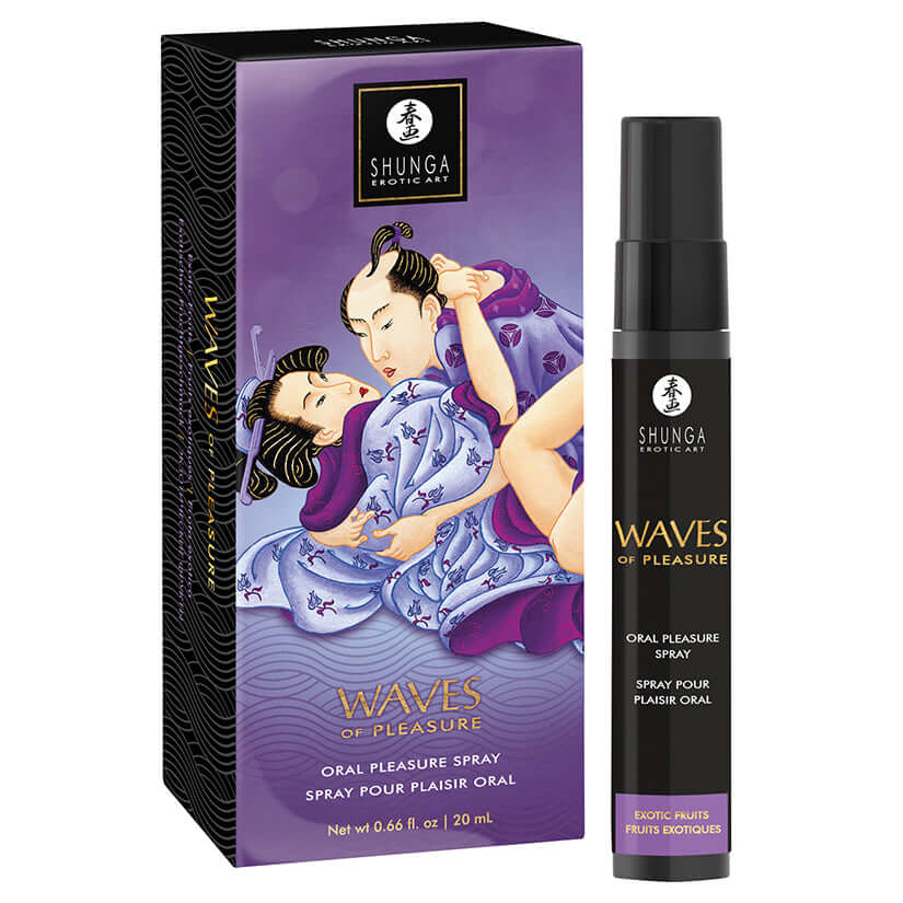 Shunga Waves Of Pleasure Oral Pleasure Spray Exotic Fruits in a stylish package with a spray bottle.