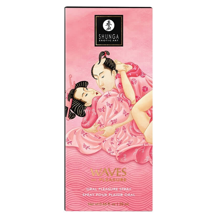 Shunga Waves Of Pleasure Oral Pleasure Spray Watermelon packaging featuring a couple in an intimate pose, vibrant design.