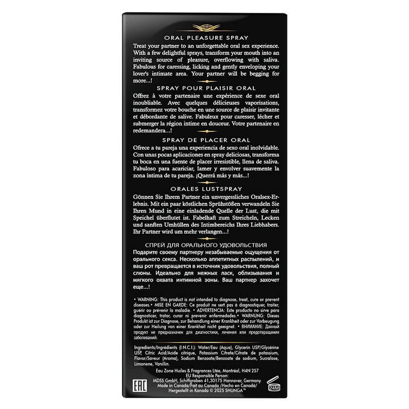 Shunga Waves Of Pleasure Oral Pleasure Spray Watermelon product label detailing ingredients and usage instructions.
