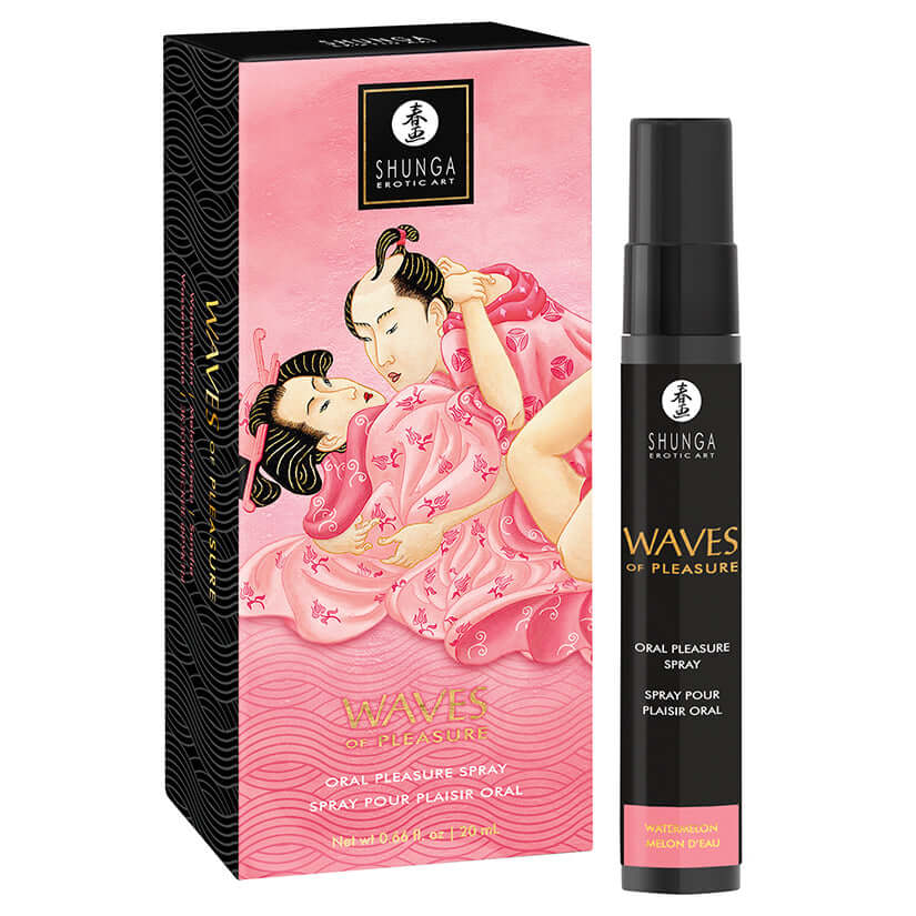 Shunga Waves Of Pleasure Oral Pleasure Spray Watermelon packaging and bottle for enhanced intimate experiences.