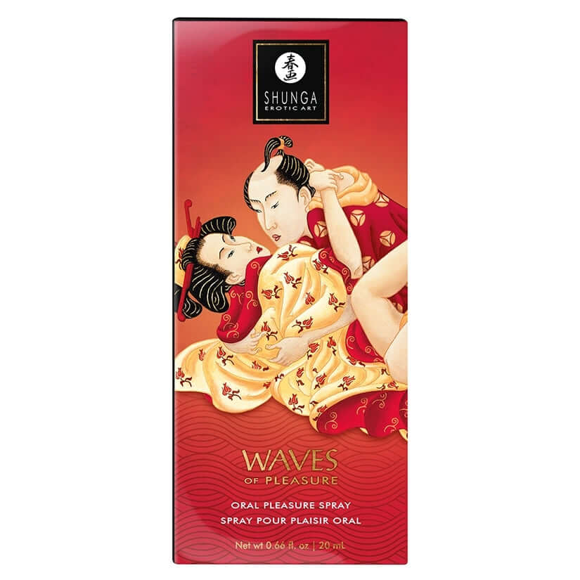 Shunga Waves Of Pleasure Oral Pleasure Spray Sparkling Strawberry box packaging with artistic design.