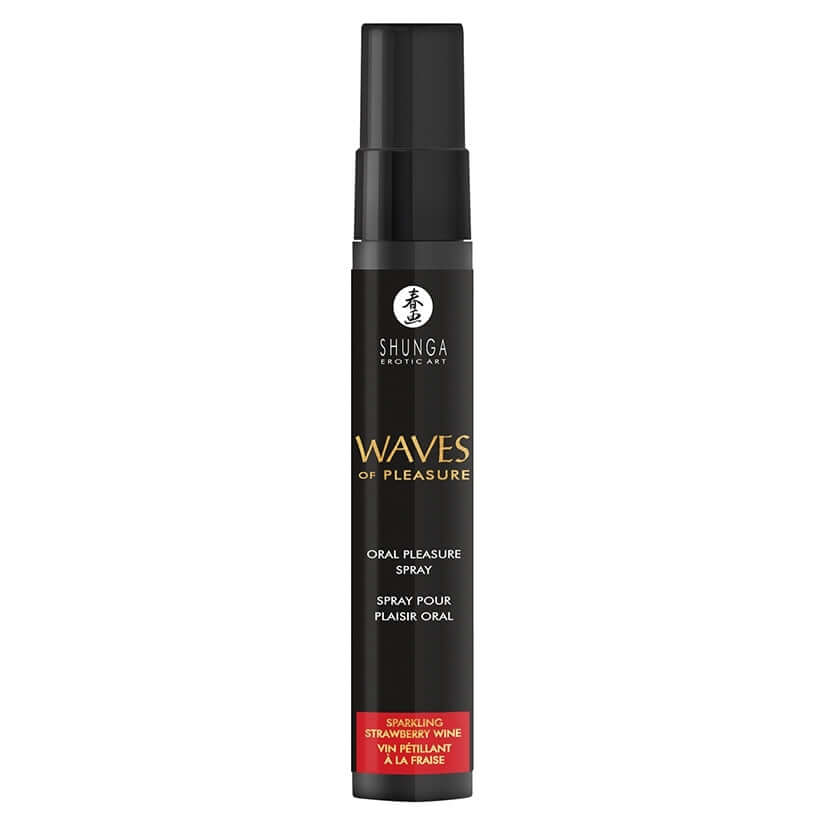 Shunga Waves Of Pleasure Oral Pleasure Spray Sparkling Strawberry in a sleek black bottle for sweet intimate moments.