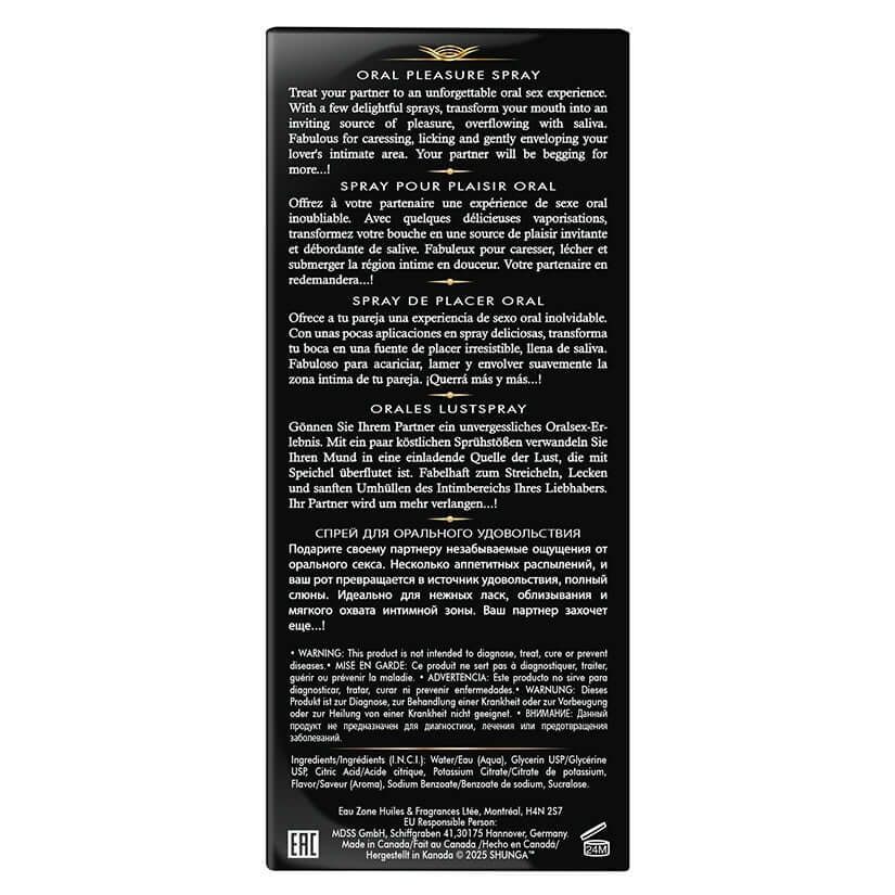 Shunga Waves Of Pleasure Oral Pleasure Spray Sparkling Strawberry product box with ingredient and usage details.