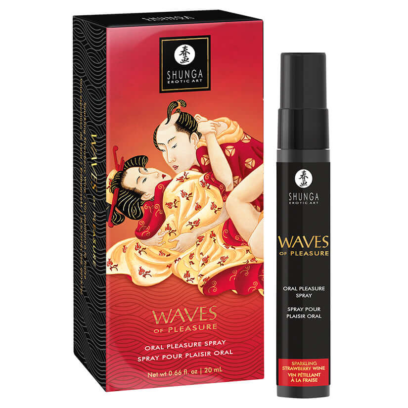 Shunga Waves Of Pleasure Oral Pleasure Spray Sparkling Strawberry packaging and spray bottle for intimate moments.