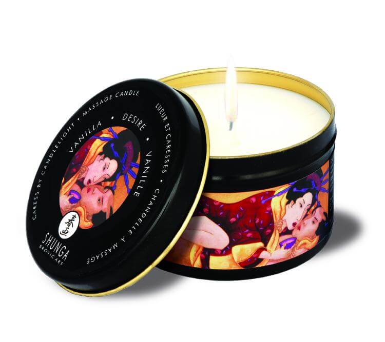 Shunga Massage Candle Desire Vanilla 5.7 Oz with a beautiful design, providing ambiance and sensuality for intimate moments.