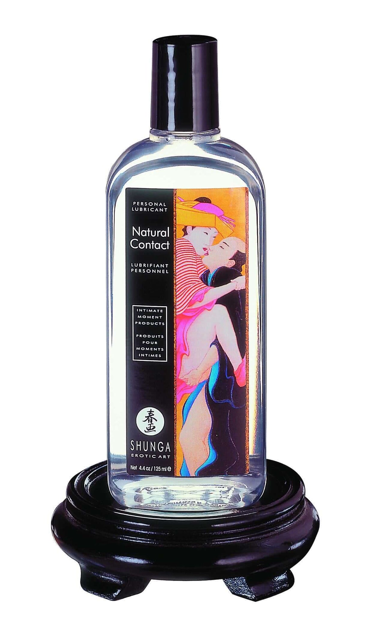 Shunga Personal Lubricant Natural Contact 4.4 Oz bottle displayed on a black stand, featuring colorful artwork.