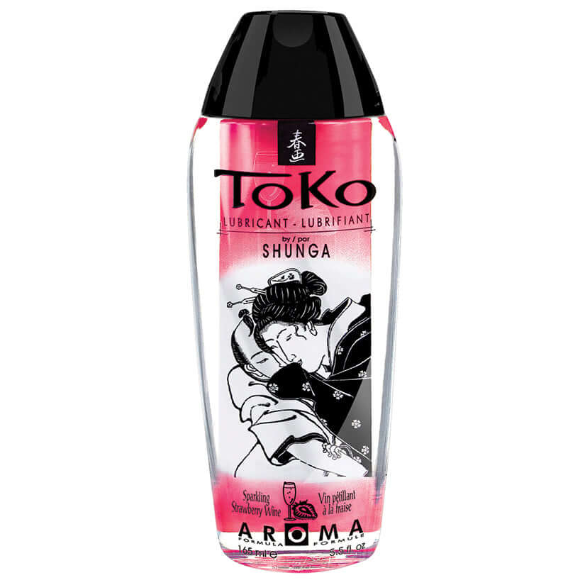 Shunga Toko Aroma Lubricant Sparkling Strawberry Wine 5.5 Oz bottle with colorful design and elegant artwork.