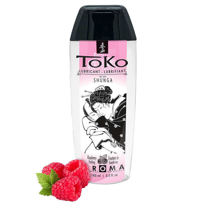 Shunga Toko Aroma Lubricant Raspberry Feeling 5.5 Oz bottle with raspberries, luxurious water-based intimate lubricant.