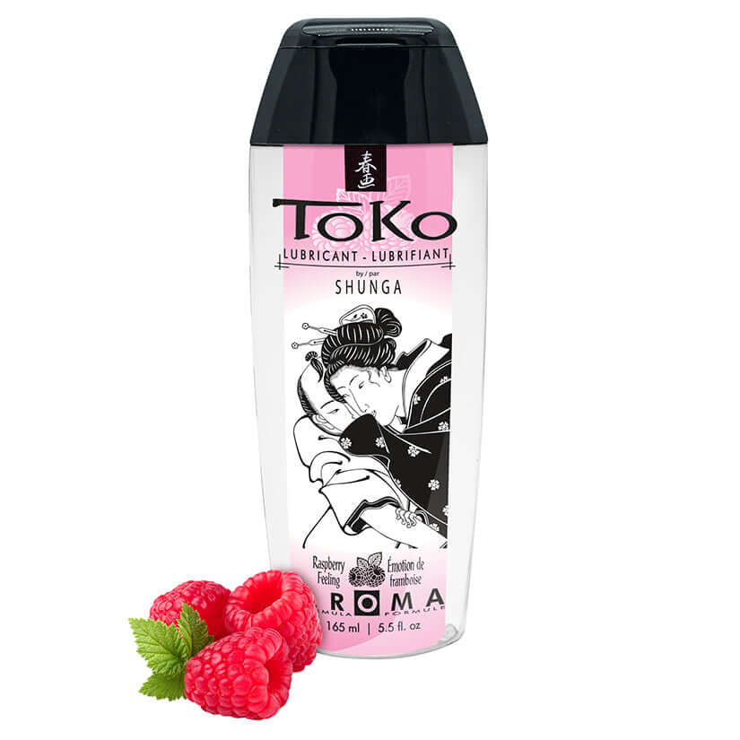 Shunga Toko Aroma Lubricant Raspberry Feeling 5.5 Oz bottle with raspberries, luxurious water-based intimate lubricant.