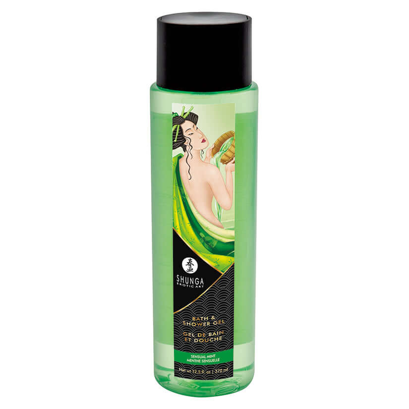 Shunga Kissable Bath & Shower Gel Sensual Mint 12.5 Oz bottle in a vibrant green design.