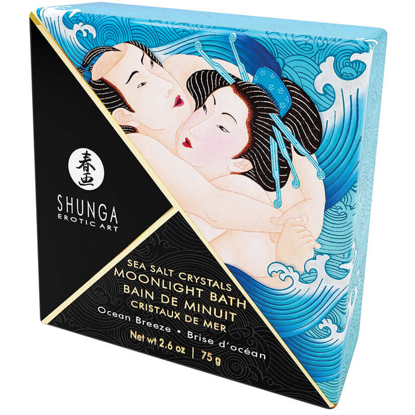 Shunga Moonlight Bath Sea Salt Crystals Ocean Breeze 2.6 Oz packaging design featuring ocean wave patterns and romantic imagery.