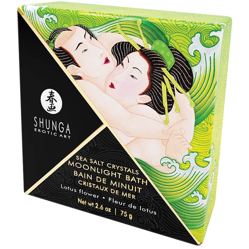 Shunga Moonlight Bath Sea Salt Crystals Lotus Flower 2.6 Oz packaging featuring elegant design and vibrant colors.