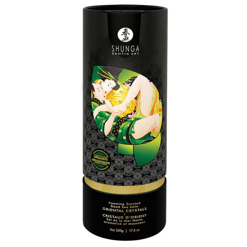 Shunga Oriental Crystals Bath Salts-lotus Flower 17.6 Oz bottle with elegant packaging and floral design.
