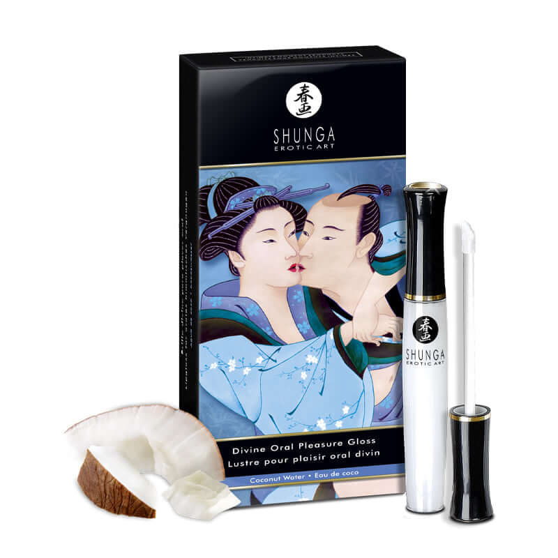Shunga Divine Oral Pleasure Lipgloss Coconut Water 1 Oz with box and coconut on a white background