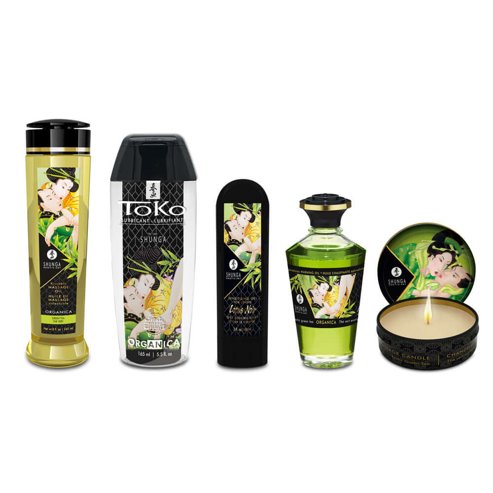 Shunga Garden Of Edo Organic Collection featuring massage oil, lubricant, and candle for romantic experiences.