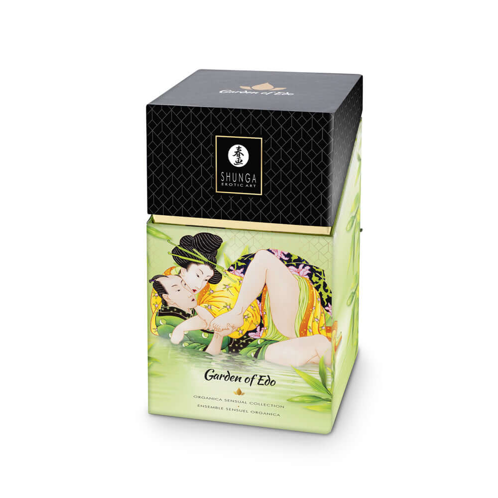 Shunga Garden Of Edo Organic Collection packaging featuring romantic artwork and natural ingredients.