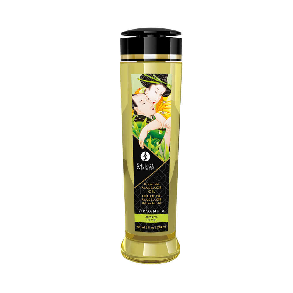 Shunga Garden Of Edo Organic Collection Organica Massage Oil in exotic green tea, 8 fluid oz bottle.