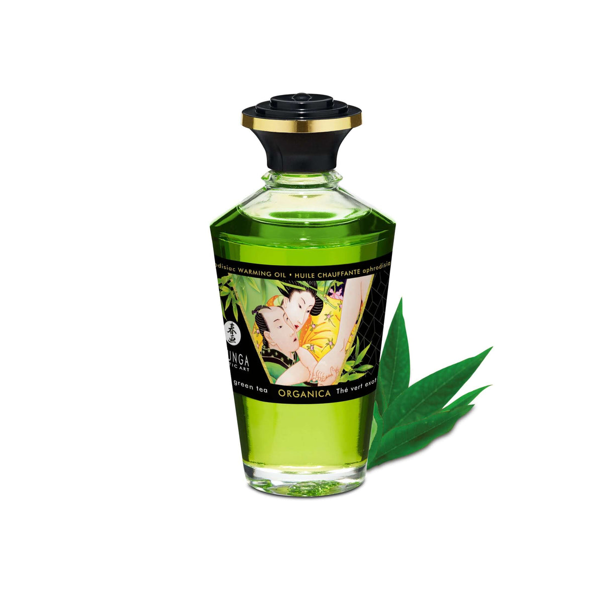Shunga Garden Of Edo Organic Collection Organica Massage Oil in green tea with natural ingredients for romantic experiences.