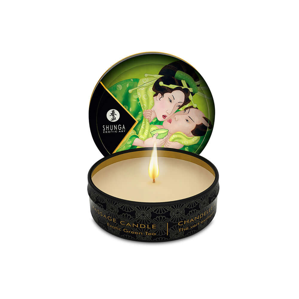 Shunga Garden Of Edo Organic Collection massage candle featuring green tea scent with a romantic design.