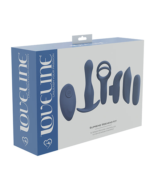 Shots LoveLine Supreme Weekend Kit Blue Grey box containing various intimate pleasure items.