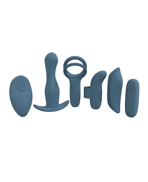 Shots LoveLine Supreme Weekend Kit Blue Grey collection of pleasure products in varying shapes and sizes.