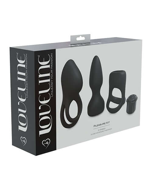 Shots LoveLine Pleasure Kit Black packaging featuring versatile stimulators and bullet for intimate pleasure.