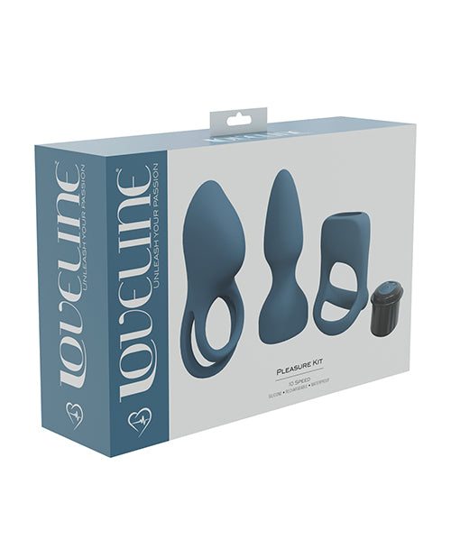 Shots LoveLine Pleasure Kit Blue Grey packaging featuring a compact bullet and various pleasure toys.