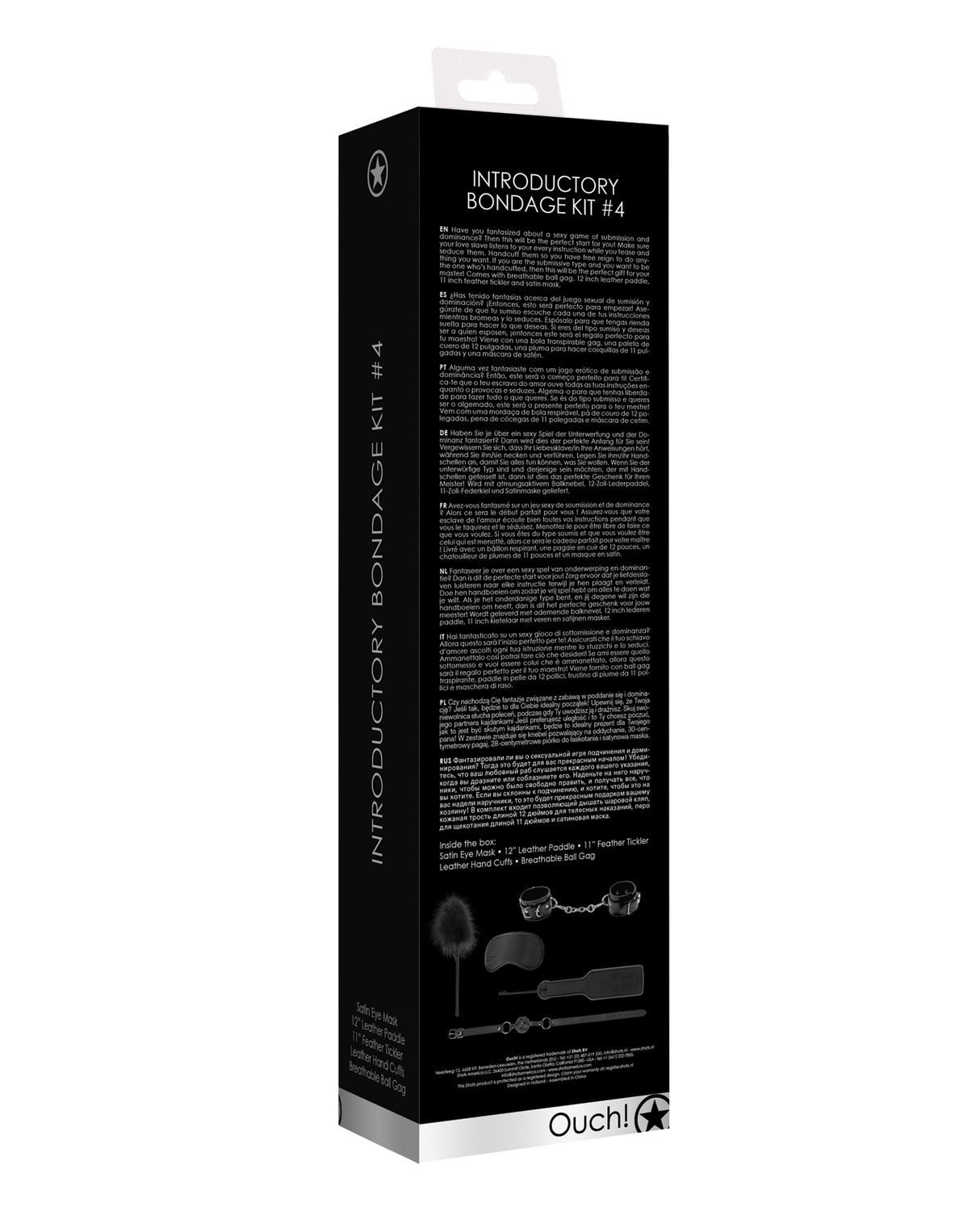 Shots Ouch Introductory Bondage Kit No 4 Black packaging showing contents and instructions for use.