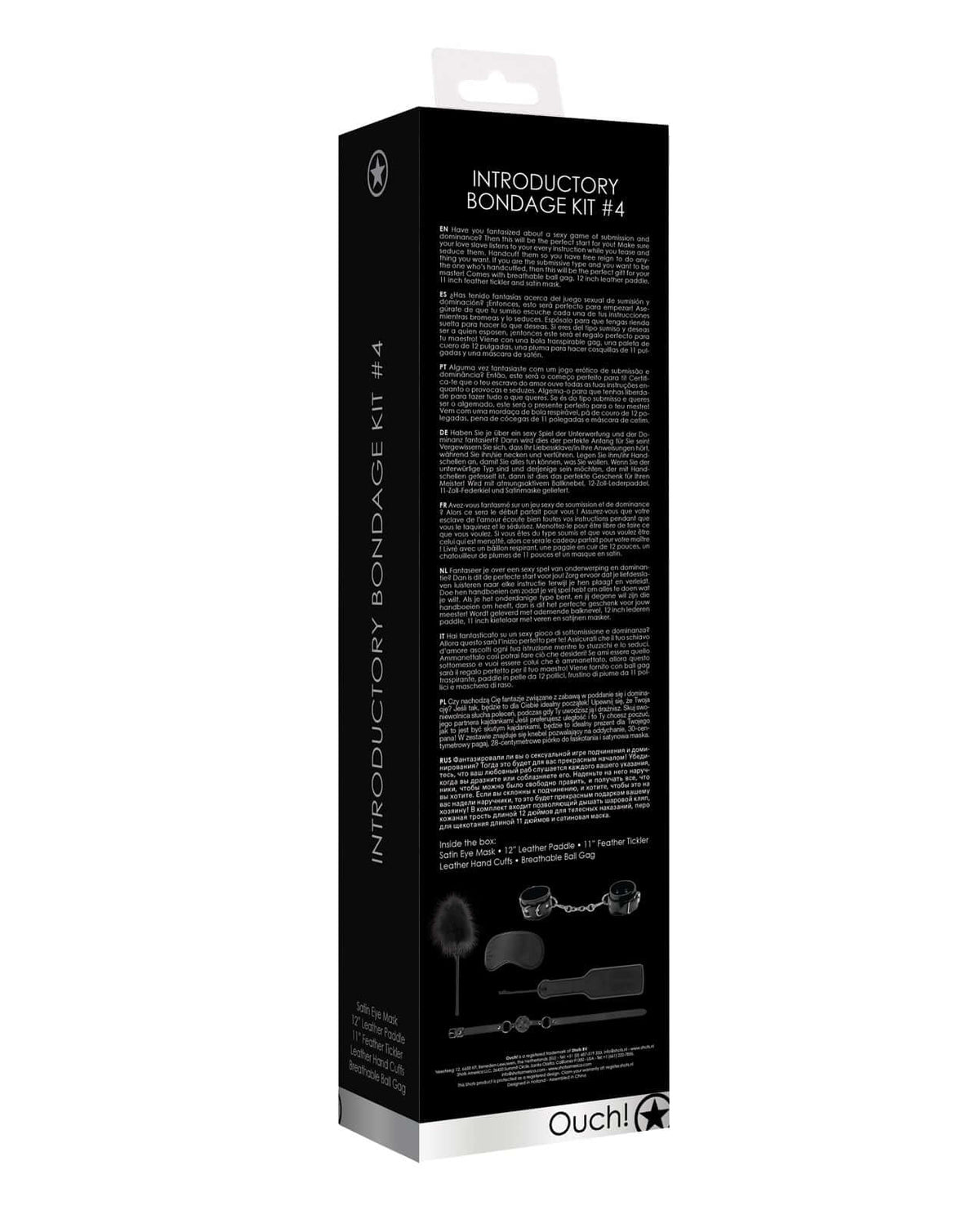Shots Ouch Introductory Bondage Kit No 4 Black packaging showing contents and instructions for use.