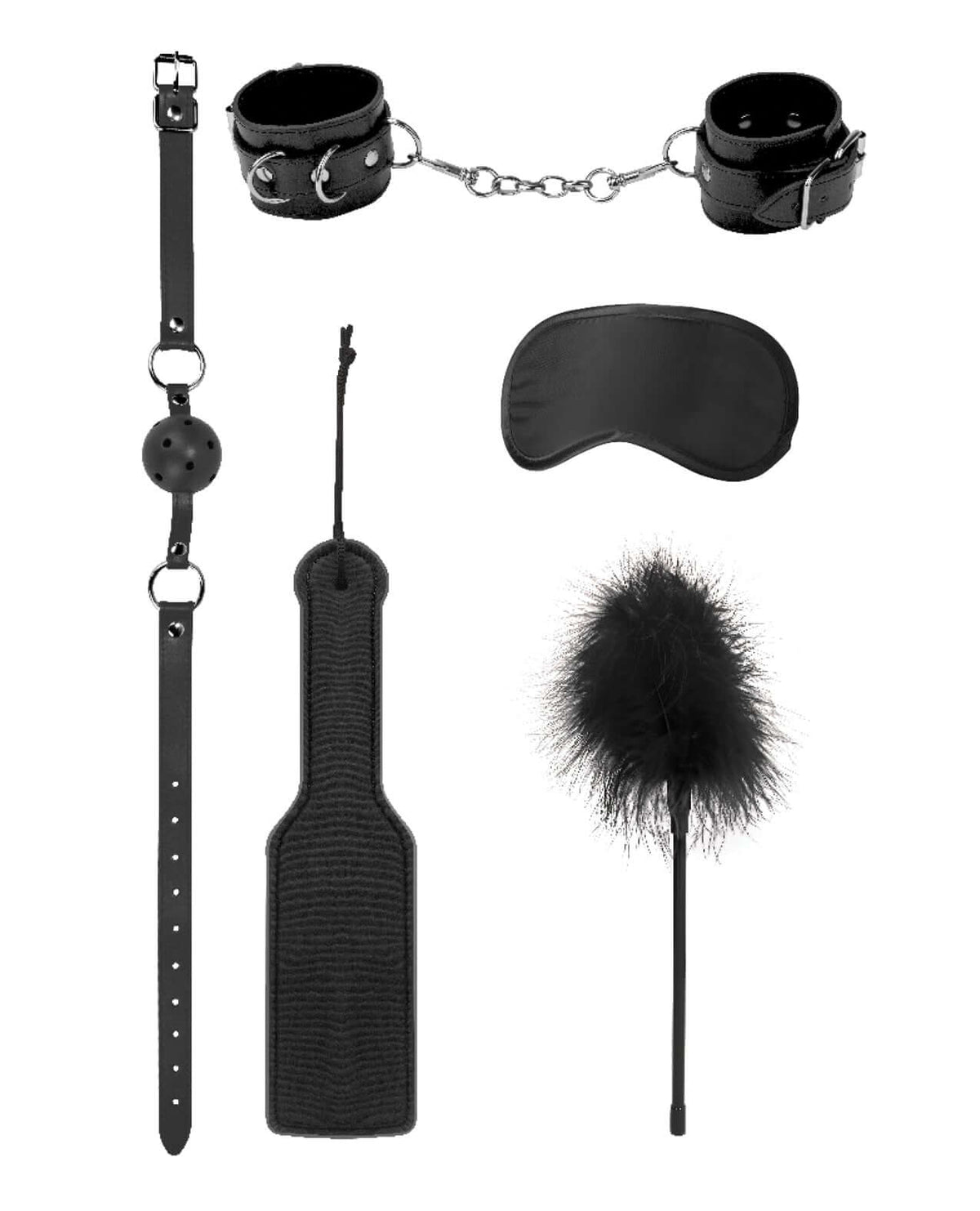 Shots Ouch Introductory Bondage Kit No 4 Black, featuring handcuffs, a ball gag, blindfold, paddle, and feather tickler.