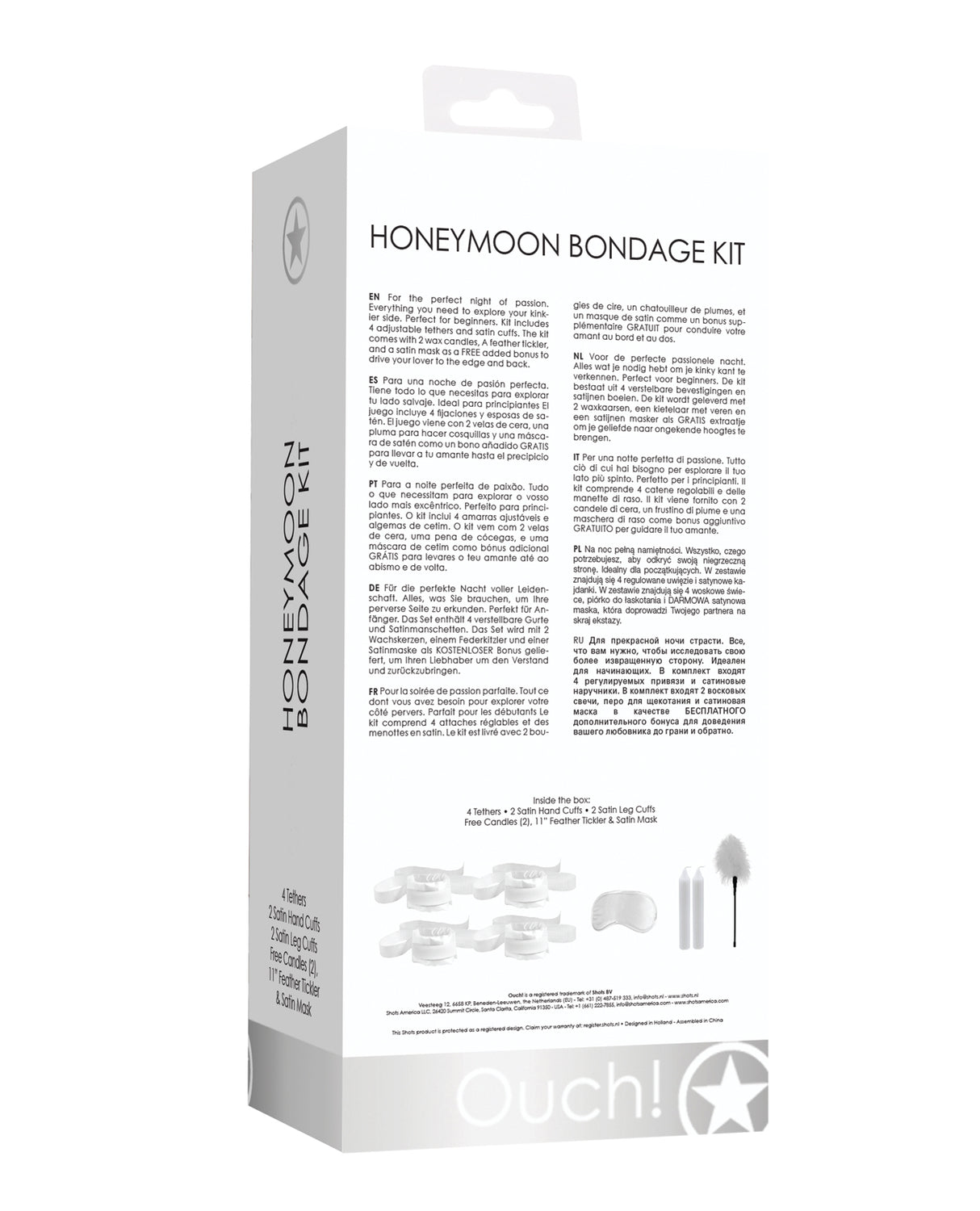 Shots Ouch Honeymoon Bondage Kit White packaging showcasing its contents and features for sensual restraint play.
