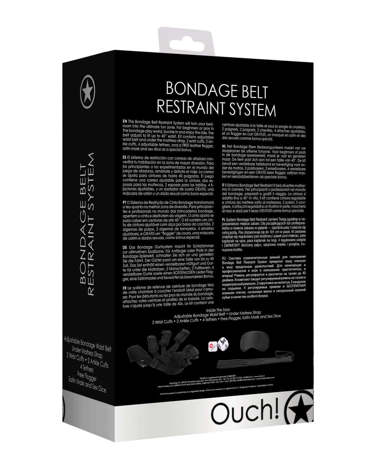 Shots Ouch Bondage Belt Restraint System Black product packaging featuring detailed instructions and components.