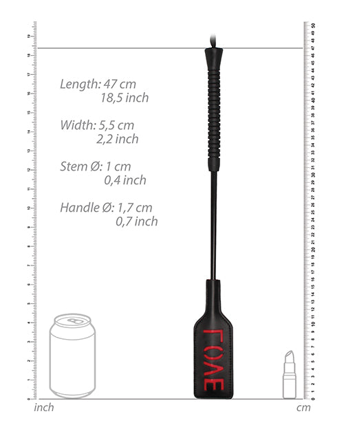 Shots Ouch Love Crop Large Black dimensions showing length and width, perfect for couples exploring discipline.