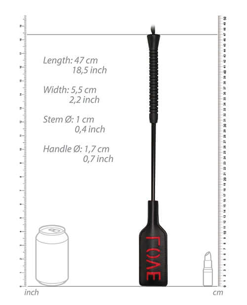 Shots Ouch Love Crop Large Black dimensions showing length and width, perfect for couples exploring discipline.