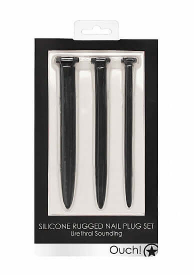 Ouch Silicone Rugged Nail Plug Set Urethral Sounding Black in a packaging displaying three black silicone plugs.