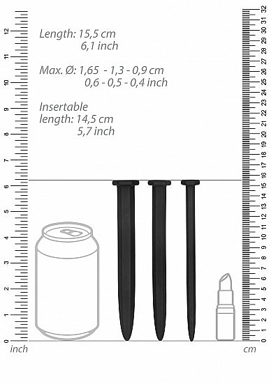 Dimensions of Ouch Silicone Rugged Nail Plug Set Urethral Sounding Black with scale reference.