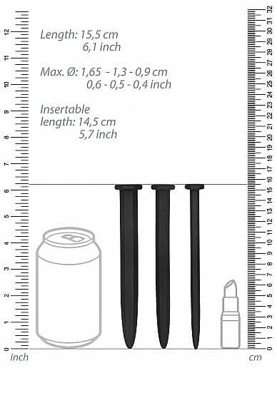 Dimensions of Ouch Silicone Rugged Nail Plug Set Urethral Sounding Black with scale reference.