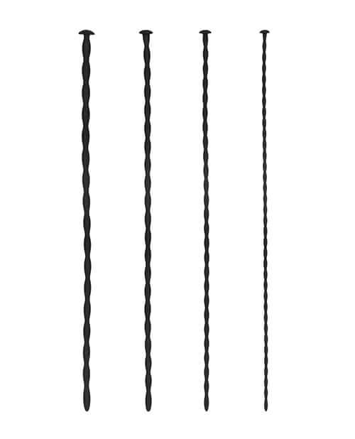 Spiral Screw Plug Set Beginner Urethral Sounding Black with four smooth black probes for urethral play.