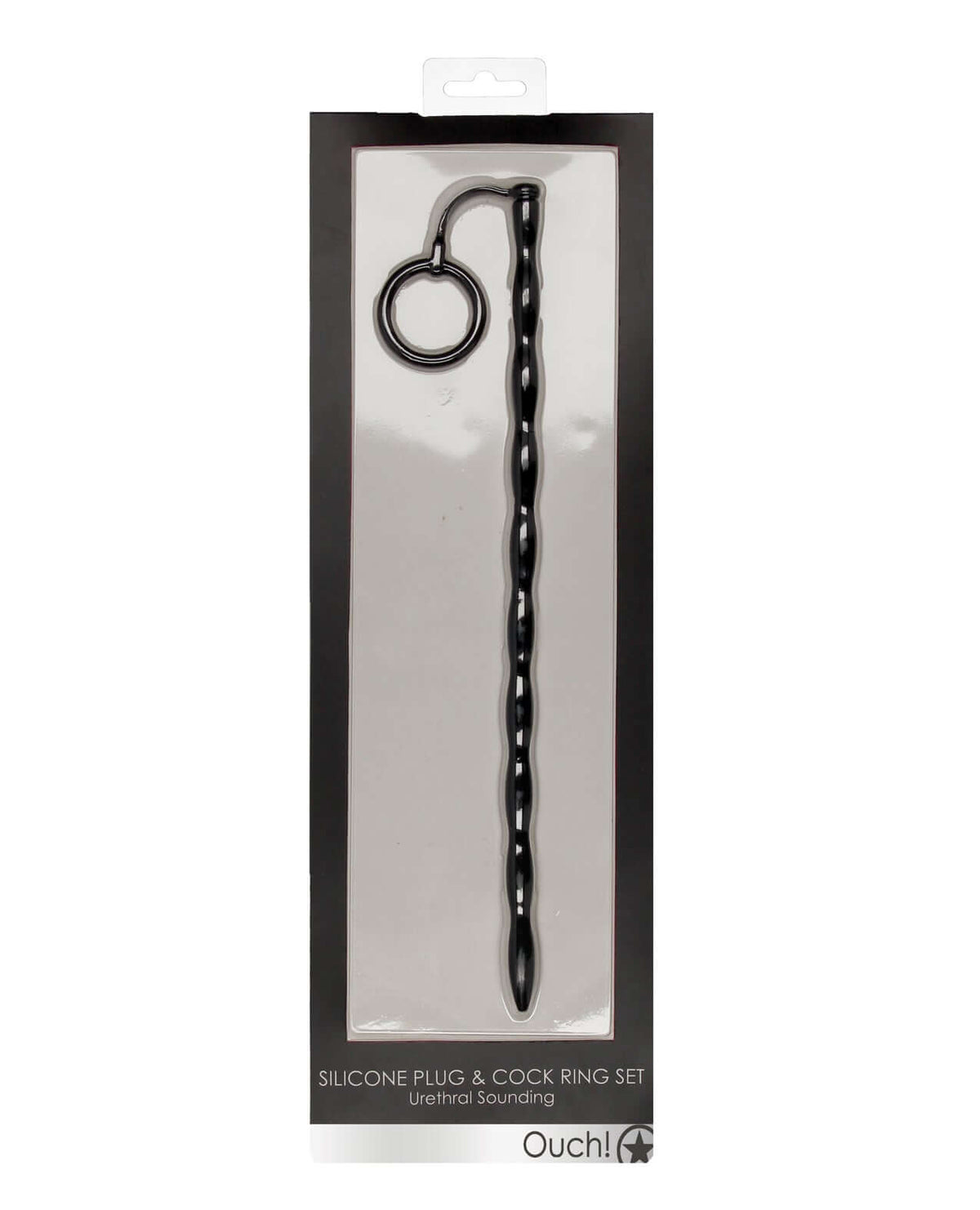 Ouch Urethral Sounding Silicone Plug & Cock Ring Black in packaging showing dual-purpose design for stimulation.