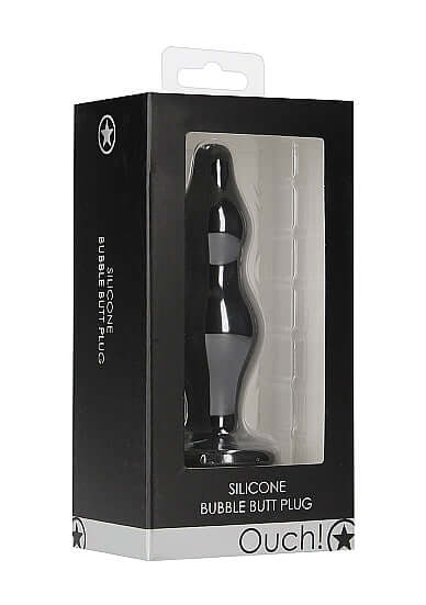 Ouch Silicone Bubble Butt Plug Black in stylish packaging showcasing the toy's unique design and features.
