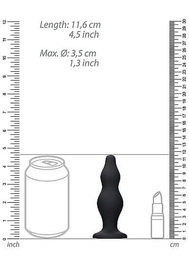 Ouch Silicone Bubble Butt Plug Black next to a can and lipstick for size comparison, showing dimensions.