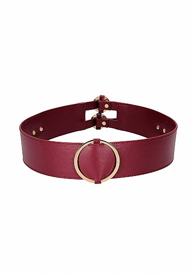 Ouch Halo Faux Leather Waist Belt L/XL Burgundy with golden accents and cinching design.