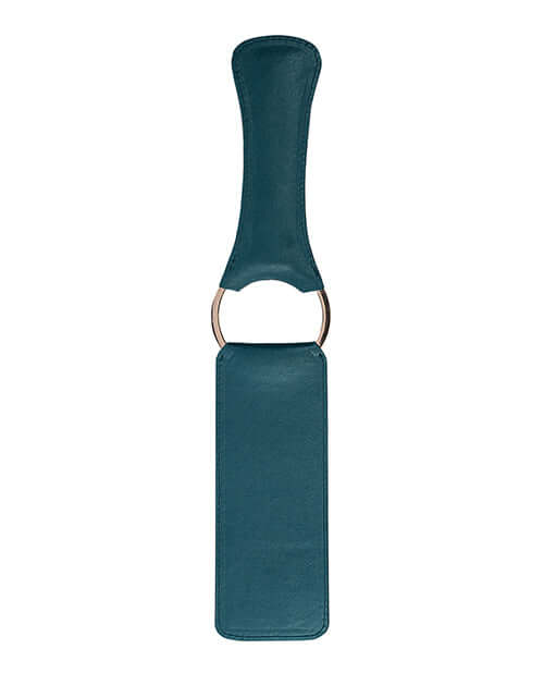 Shots Ouch Halo PU Leather Paddle Green with smooth surface and golden accents for BDSM impact play.