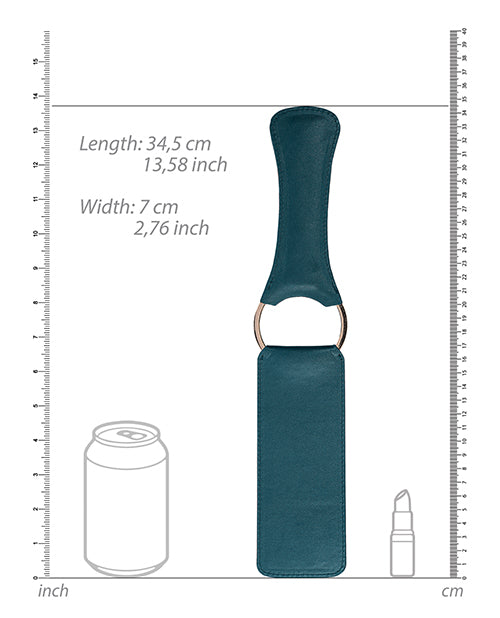 Shots Ouch Halo PU Leather Paddle Green dimensions with measurements next to a can and lipstick for scale.
